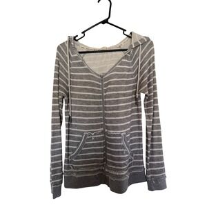 Roxy Womens Grey White Striped Full Zip Hooded Sweatshirt Distressed Hem Medium